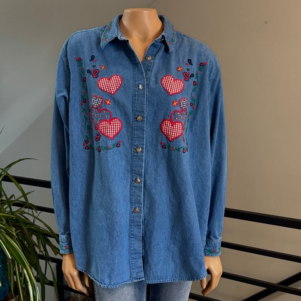 VTG Karen Scott Embroidered Denim Button Down Shirt XL Patchwork Hearts 90s